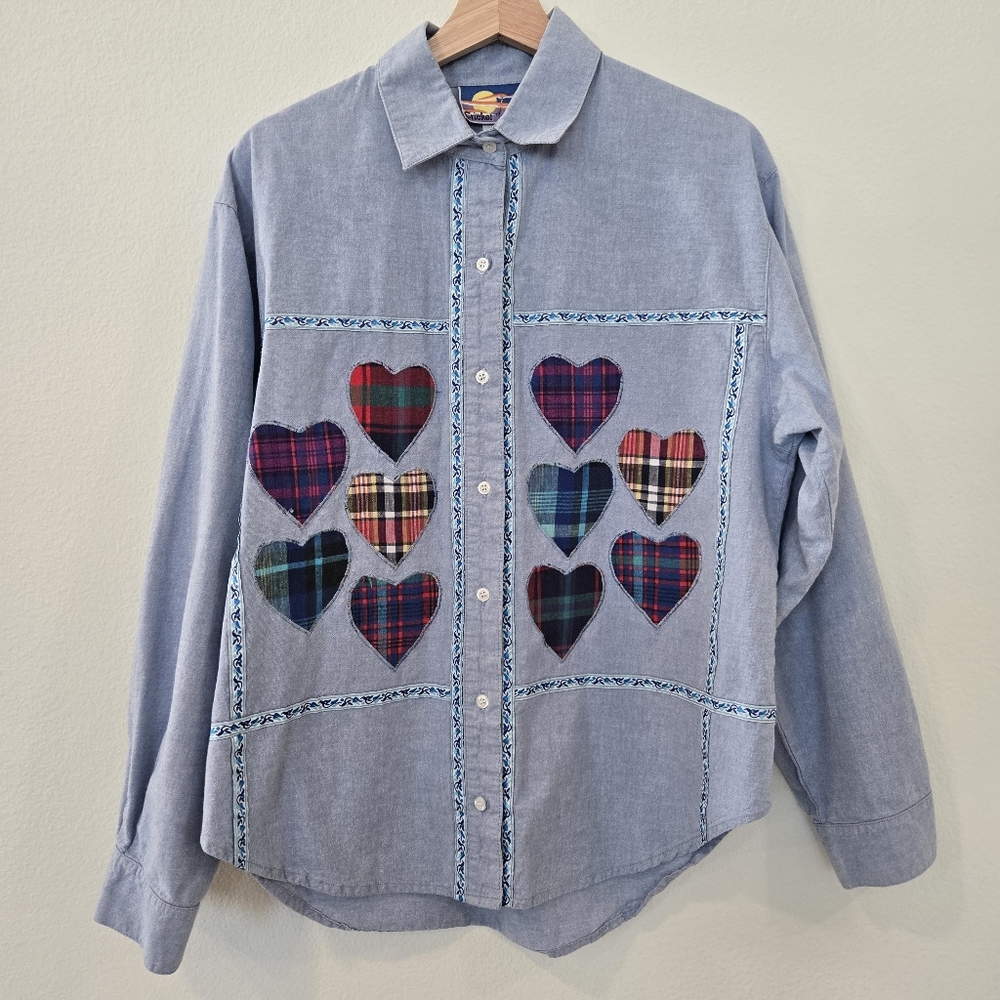 Vintage Cricket Button Down Patchwork Boho Heart … - image 1